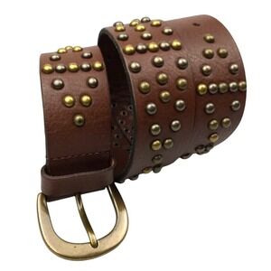 Studded Leather Belt Caramel Brown 1.5" Wide Gold & Bronze Bubble Studs Womens M